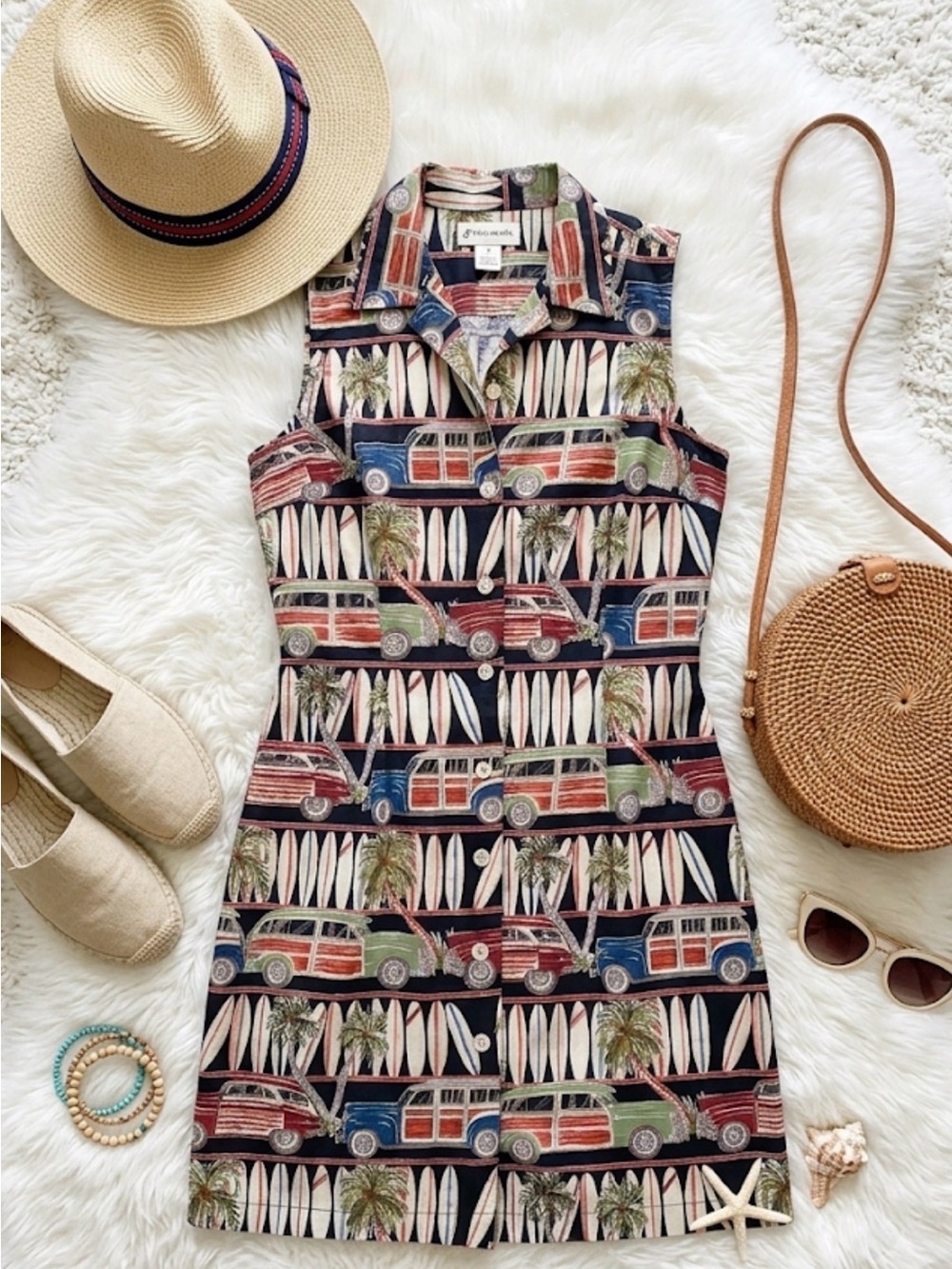 90s Woody Wagon Surfer Aloha Button Front Sleeveless Dress - Picture 2 of 8